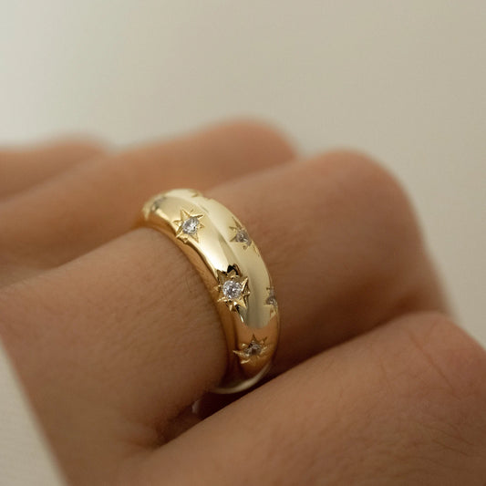 Dome Ring, Gold Dome Ring, Silver Dome Ring, Star Ring, Celestial Jewelry, Gift for Her,